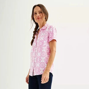 NWT Croft&Barrow Women Short Sleeve Button Down Collared Floral Shirt Size XXL